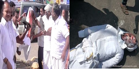 சசிகலா ஆதரவாளர்கள் பன்னீர்செல்வத்தின் உருவ பொம்மை எரித்து போராட்டம்