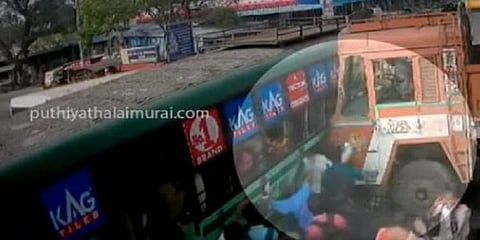 பேருந்து மீது கண்மண் தெரியாமல் வந்து மோதிய லாரி -  சிசிடிவி காட்சி
