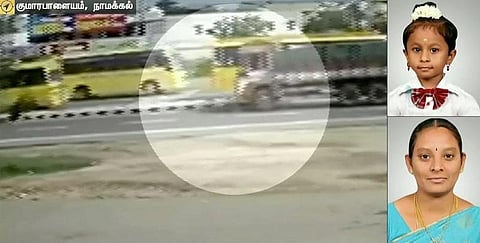 கண் இமைக்கும் பொழுதில் மகளுடன் லாரி சக்கரத்தில் சிக்கிய தாய் - சிசிடிவி 
