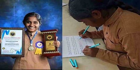 ஒரே நேரத்தில் இரண்டு கைகளிலும் 11 ஸ்டைலில் எழுதி அசத்தும் பெண்