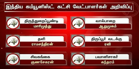 இந்திய கம்யூனிஸ்ட் கட்சியின் வேட்பாளர்கள் அறிவிப்பு