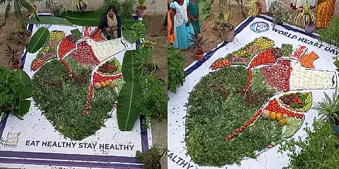 உலக இதய தினம்: காய்கறி, கீரை வகைகளை கொண்டு இதய ஓவியம் வரைந்த பள்ளி மாணவி