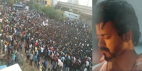 ‘பீஸ்ட்’ ட்ரெய்லர் ரிலீஸ்  - ரோகிணி தியேட்டரில் குவிந்து அதகளம் பண்ணிய விஜய் ரசிகர்கள்