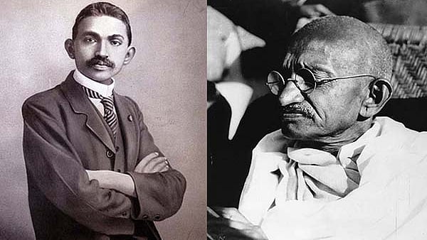مہاتما گاندھی جب جنوبی افريقہ ميں بحيثيت وکيل تھے  اور ان کے آخری دنوں کی تصویر 