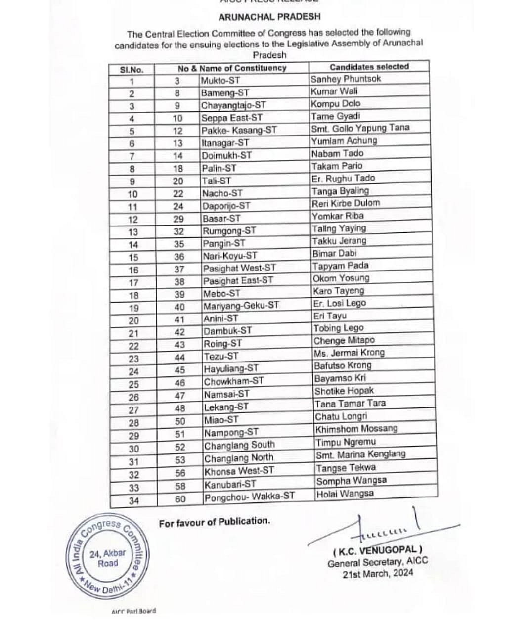 اروناچل پردیش اسمبلی الیکشن 2024: کانگریس نے 34 سیٹوں کے لیے امیدواروں کا کیا اعلان، 19 اپریل کو ہوگی ووٹنگ