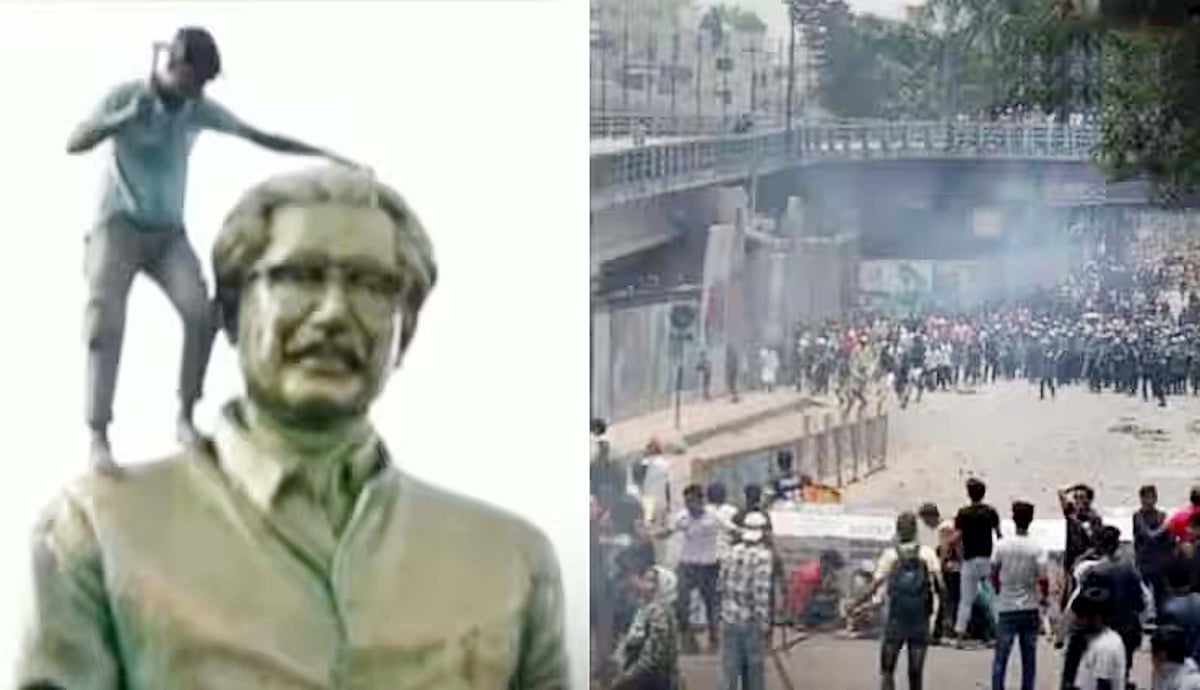 بنگلہ دیش میں مظاہرین نے توڑا شیخ مجیب الرحمان کا مجسمہ، سر پر برسائے ہتھوڑے!