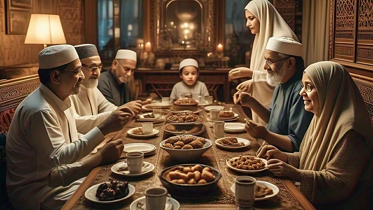 <div class="paragraphs"><p>سحری کرتے ہوئے مسلم کنبہ کی علامتی تصویر، اے آئی</p></div>
