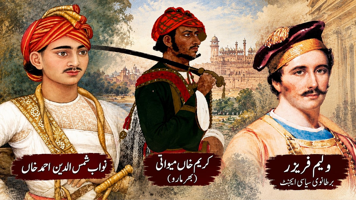 <div class="paragraphs"><p>نواب شمس الدین، کریم خاں اور ولیم فریزر</p></div>
