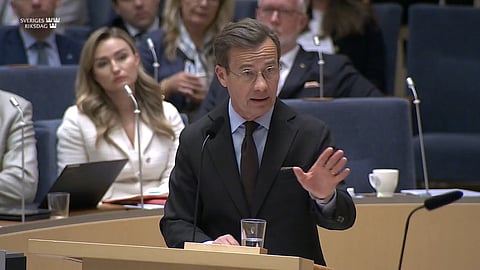 Statsminister Ulf Kristersson (M) i partiledardebatten.