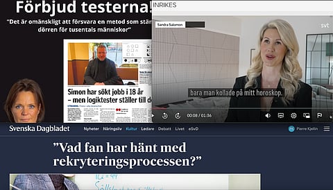 Några av alla debattinlägg och nyheter den senaste tiden om användandet av olika typer av tester i rekryteringsprocesser. Överst t.v - HR-konsulten Lotta Vikström som i ett  Linkedin-inlägg föreslår ett förbud mot kognitiva tester i rekryteringar. Överst t.h - HR-chefen Sandra Salomon kommenterar användandet av tester i rekryteringar i en intervju i SVT Nyheter. Underst en artikel i ämnet från i år på Svenska Dagbladet.