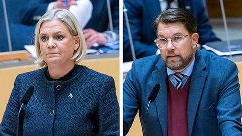 Socialdemokraternas partiledare Magdalena Andersson och Sverigedemokraternas partiledare Jimmie Åkesson. 