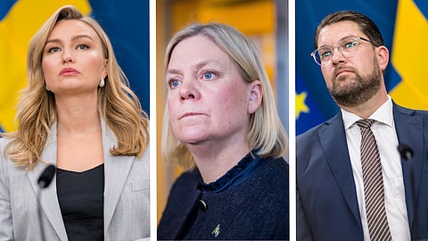 Ebba Busch (KD) Magdalena Andersson (S) och Jimmie Åkesson (SD). 