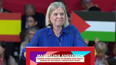 Magdalena Andersson (S) talar på Global Progressive Mobilisation.