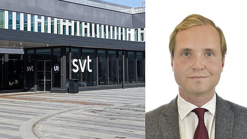Pressbild på Gabriel Kroon (SD) och ingången till SVT huset