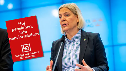 Bild på LO:s pensionskampanj och partiledaren Magdalena Andersson (S)
