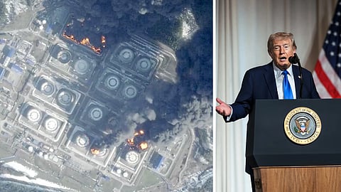 Bild från iranska medier och bild på president Donald Trump