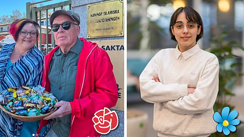 Till vänster: Socialdemokraterna kampanjar utanför moské. Till höger: Ronia Svensson.