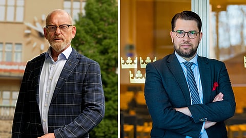 Bild på LOs ordförande Johan Lindholm och Sverigedemokraternas partiledare Jimmie Åkesson