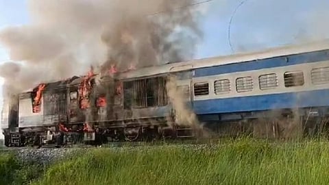 fire breaks out in engine of a passenger train, narkatiaganj, bhelwa, bihar. 