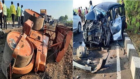 pune bangalore national highway accident news, gunkhi, road roller, car