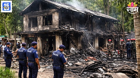 Security personnel inspect the charred remains of a BNP leader’s house in Lakshmipur after a mob attack that claimed the life of a 7-year-old girl.