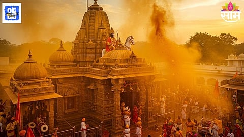 Devotees gather near the steps of Jejuri Temple moments after a fire broke out during the Bhandara celebration.