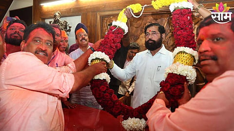 Eknath Shinde with Shiv Sena leaders amid post-BMC election political developments in Mumbai