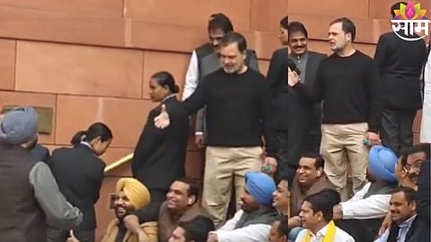 Rahul Gandhi and Union Minister Ravneet Singh Bittu engage in a heated verbal exchange during a protest outside the Lok Sabha in New Delhi.