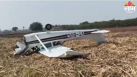 Wreckage of a light training aircraft after it crashed near Babaleshwar village in Vijayapura district, Karnataka.