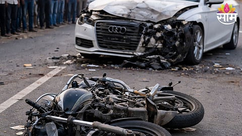 Damaged motorcycle after a high-speed Audi car crashed into a family distributing wedding invitations in Rewa, Madhya Pradesh.