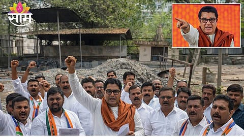 MNS workers protest against delayed crematorium reconstruction work at Bail Bazar in Kalyan West.