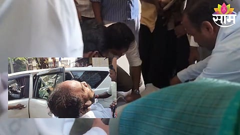 Congress leaders rush outside Tararani Hall after a supporter collapses during the felicitation event in Kolhapur.