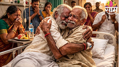 Two brothers share an emotional moment in Khamgaon hospital after reuniting 55 years apart.