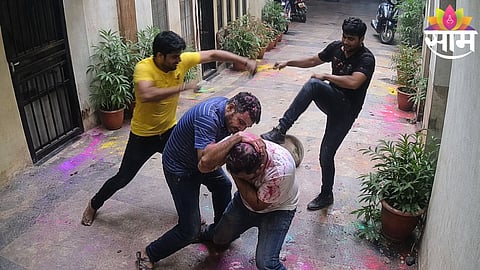CCTV grab of the violent assault inside Neptune Swaraj Society, Titwala, during Holi celebrations