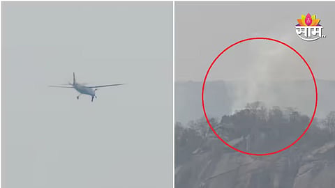 Crash site of private plane in Jashpur जंगल area of Chhattisgarh with smoke and fire visible after hitting a hill.
