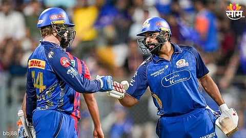Rohit Sharma and Ryan Rickelton celebrate after powering Mumbai Indians to a crucial win over LSG in IPL 2026.
