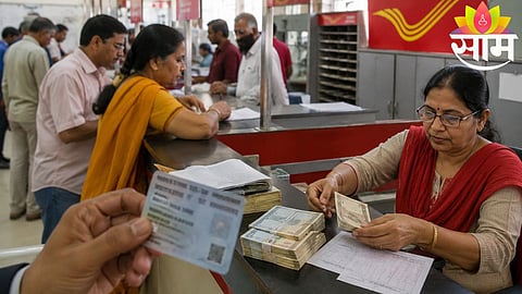 Customers at a post office counter as new PAN card rules for financial transactions come into effect across India.