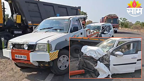 Mangaled car after a fatal collision with a truck near Karmala in Solapur district, leaving an infant dead and five family members critically injured.
