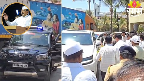 Large crowd and vehicle convoy seen during Minister Vikhe Patil’s visit in Sangamner amid fuel crisis concerns.