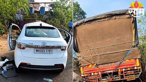Severely damaged car and tempo after a fatal collision on the Pali-Khopoli state highway near Pedali village.