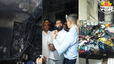 Eknath Shinde inspects the fire-ravaged Gaondevi Market in Thane after a tragic blaze claimed two lives.