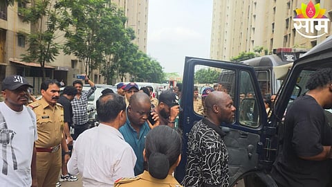 Police personnel during a combing operation at Palava Township in Dombivli where 24 Nigerian nationals were detained.