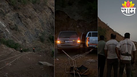 Wreckage of the Scorpio SUV after it plunged into a deep valley in Mahabaleshwar Ghat, Raigad district.