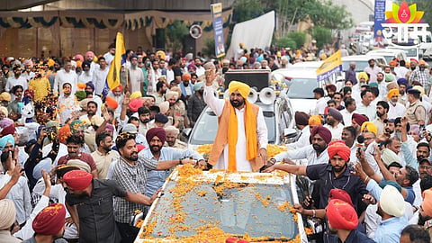 AAP supporters celebrate massive victory in Punjab civic elections as party crosses 500-seat mark.