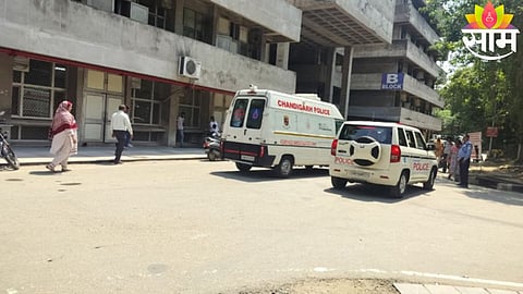 Police and hospital authorities investigate the scene after a junior resident doctor was found dead inside a hospital trauma center in Chandigarh.