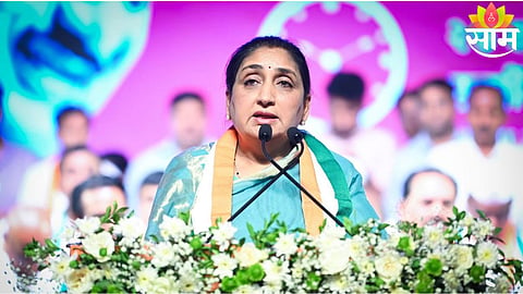 Sunetra Pawar addresses party leaders during NCP anniversary, asserting strong leadership and warning against internal interference.