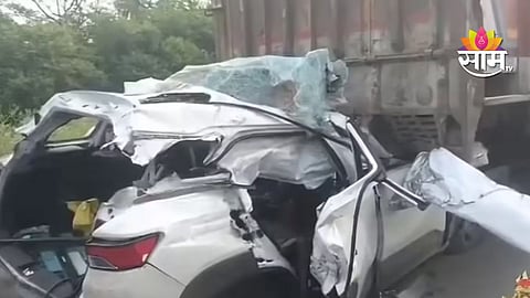 Damaged car after a deadly collision with a truck in Begusarai, Bihar, killing three police officers and a driver on NH-31.