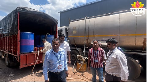 Officials seize illegal hydrocarbon petroleum stock during a major vigilance raid in Usatne village, Kalyan.
