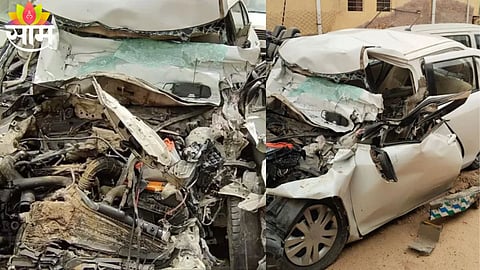 Wreckage of the car after a fatal collision on NH-11 near Bikaner, where six members of a Haryana family lost their lives.