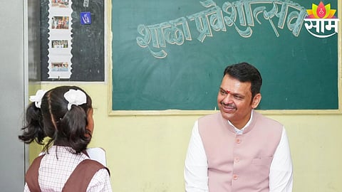 A Class 4 student confidently interviews Chief Minister Devendra Fadnavis during a school enrollment event in Raigad.